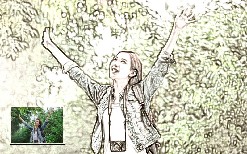 This image displays the before and after effect of the color sketch photoshop action - drawing action photoshop