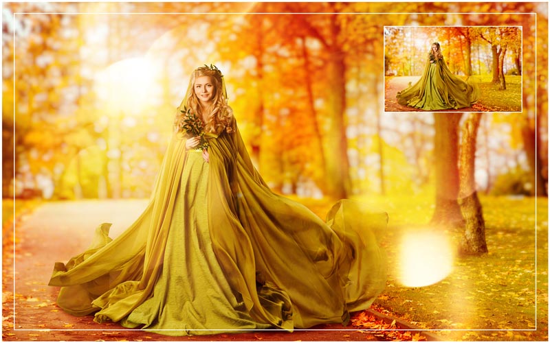 Dark Gold Bokeh effect on a picture of a lady in a golden ball-gown standing surrounded by trees