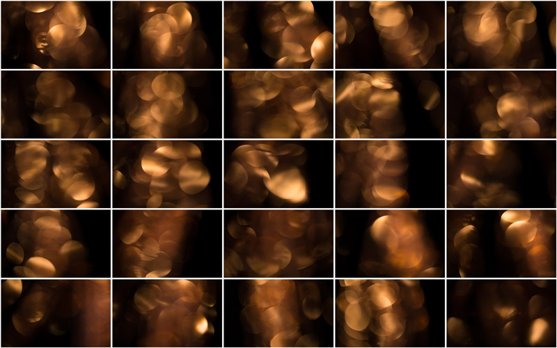 Collage of shimmering dark gold bokeh effects, resembling a celestial dance of scattered lights.