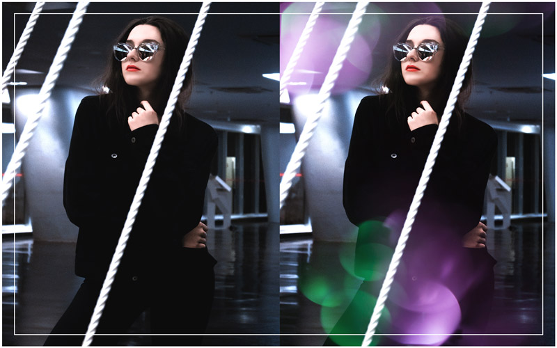 dark green violet effect on Picture of a girl wearing sunglasses and a black jacket