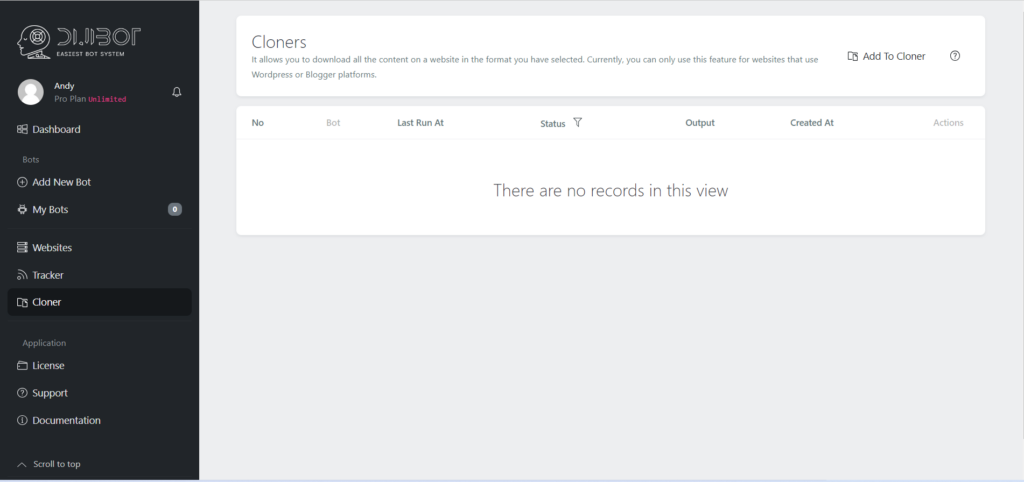 DijiBot cloner tool displaying metrics of the cloners added by the user