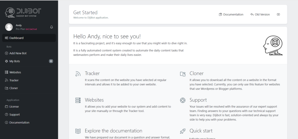 Preview of DijiBot - wordpress website cloner Displaying all the features on the sidebar