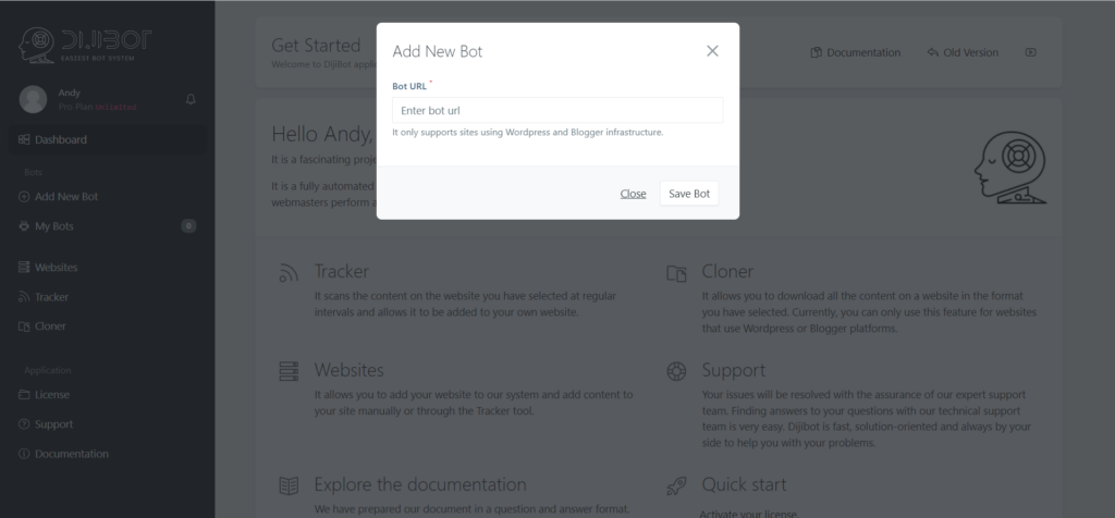 Dijibots bot creation - wordpress website cloner showcasing site url section for which the bot is being created