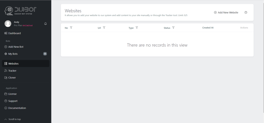Website metrics displaying all the bot records created for different websites