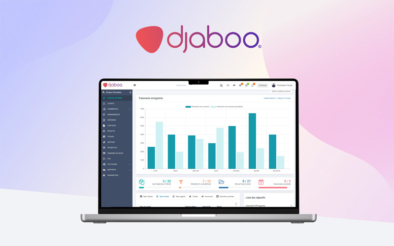 Djaboo-CRM Tool Feature Image showcasing user dashboard on a mac screen