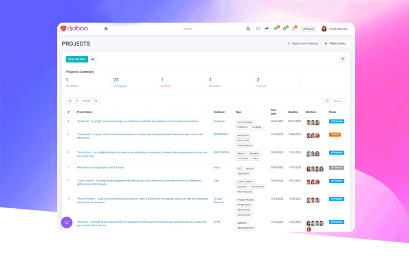 Djaboo CRM interface showcasing invoice creation and payment tracking features.