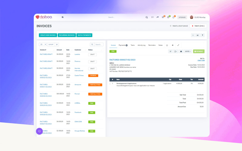 Screenshot of Djaboo CRM Tool dashboard displaying sales pipeline and project management features