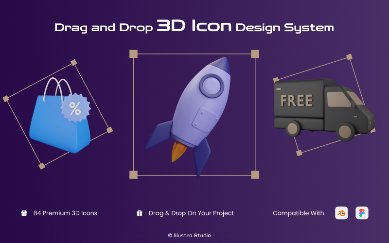 This image shows the feature of the 3D icons illustrations such as drag and drop system, 84 premium icons and compatible with Blender and Figma.