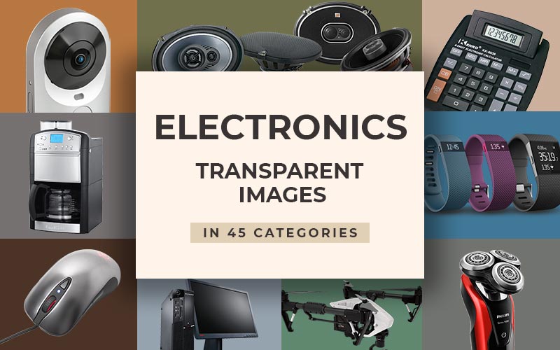 This image is a collage of all the electronic gadgets the electronic transparent images bundle consists of.