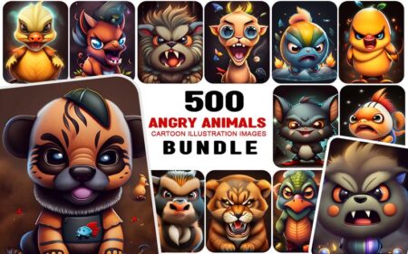 Feature image of the 500 Angry Animal Cartoon Images Bundle, showing a collage of 13 vibrant and expressive cartoon animal characters with various angry facial expressions