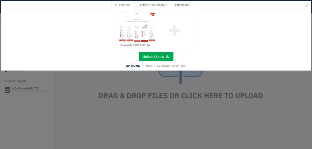 FileStreams files upload option displaying drag and drop option and file upload size limit
