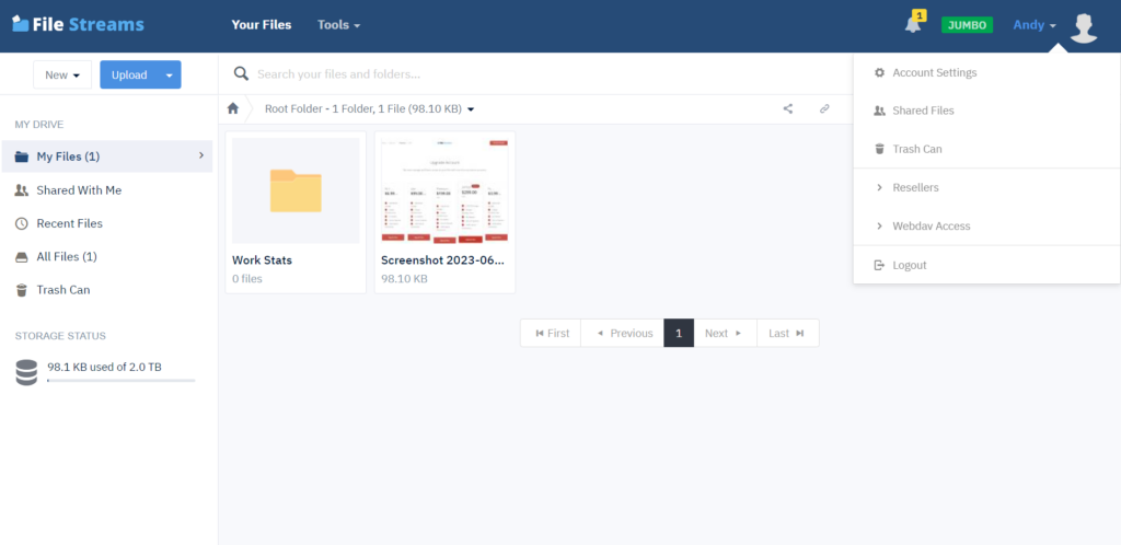 dashboard displaying product options my files, account details, shared files, trashcan and more in filestreams - cloud storage platform