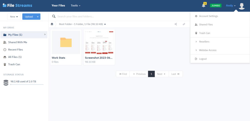 FileStreams user dashboard displaying product options my files, account details, shared files, trashcan and more