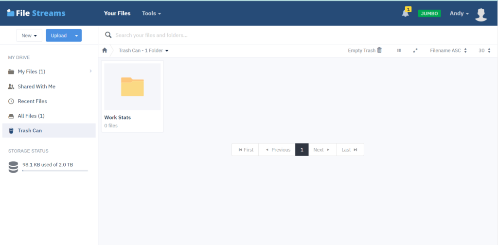 FileStreams Trash can displaying deleted files and restoring option