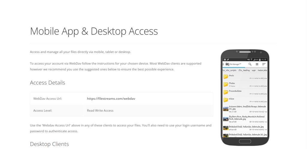 FileStreams - Cloud Storage Tool displaying how to access files from multiple devices and instructions.