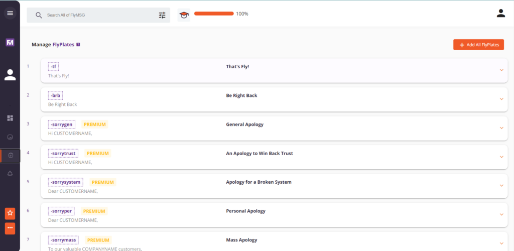 FlyMSG Text Expander interface displays a sleek design with a message editor, template library, and customization options
