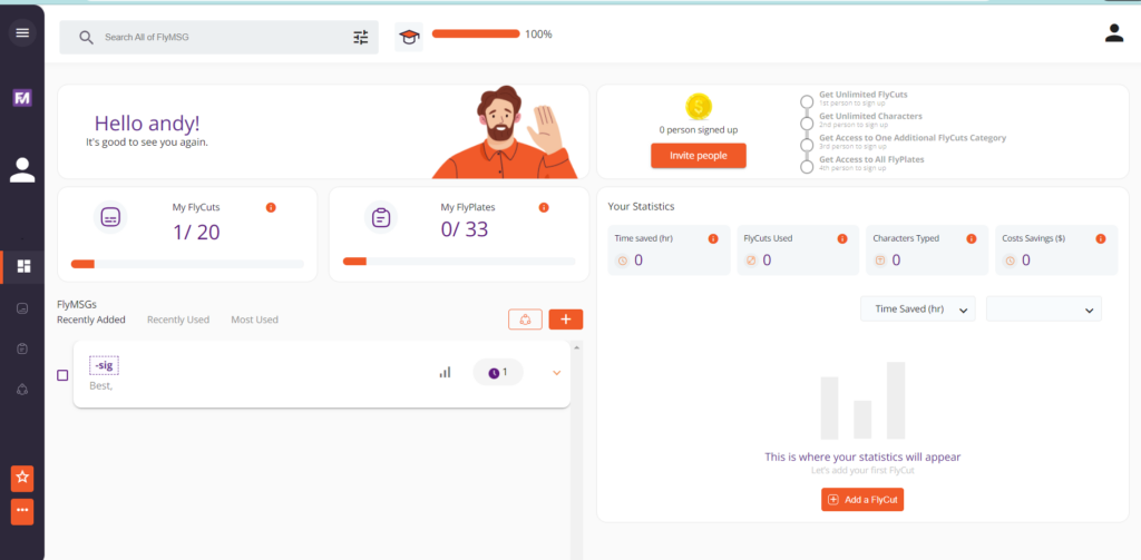FlyMSG Text Expander user dashboard displaying all the user data on screen including flycuts, flyplates, and custom designed shortcuts by the user.