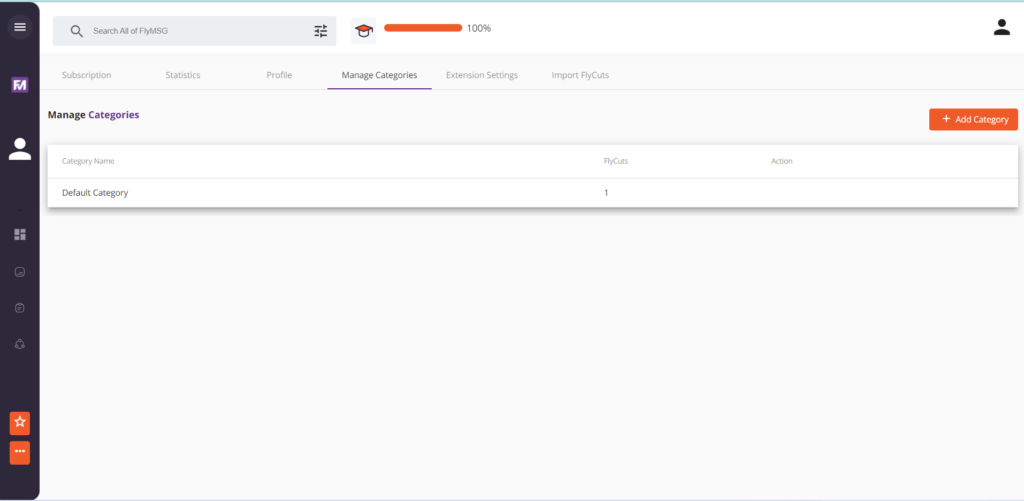 FlyMSG Text Expander categories tab displaying categorical division of texts for different use cases.