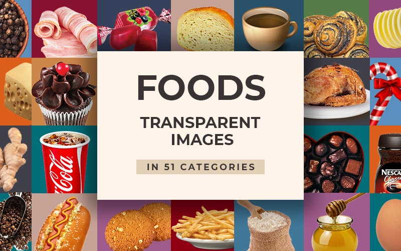 This image is a collage of all the food products that the foods transparent images bundle consists of.