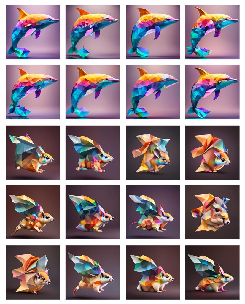 A collage of 20 images displaying this collection -geometric pictures of animals