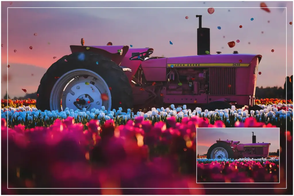 Glitter Blue Pink Petals and Leaves overlay used on a picture of a pink tractor standing in a tulips field