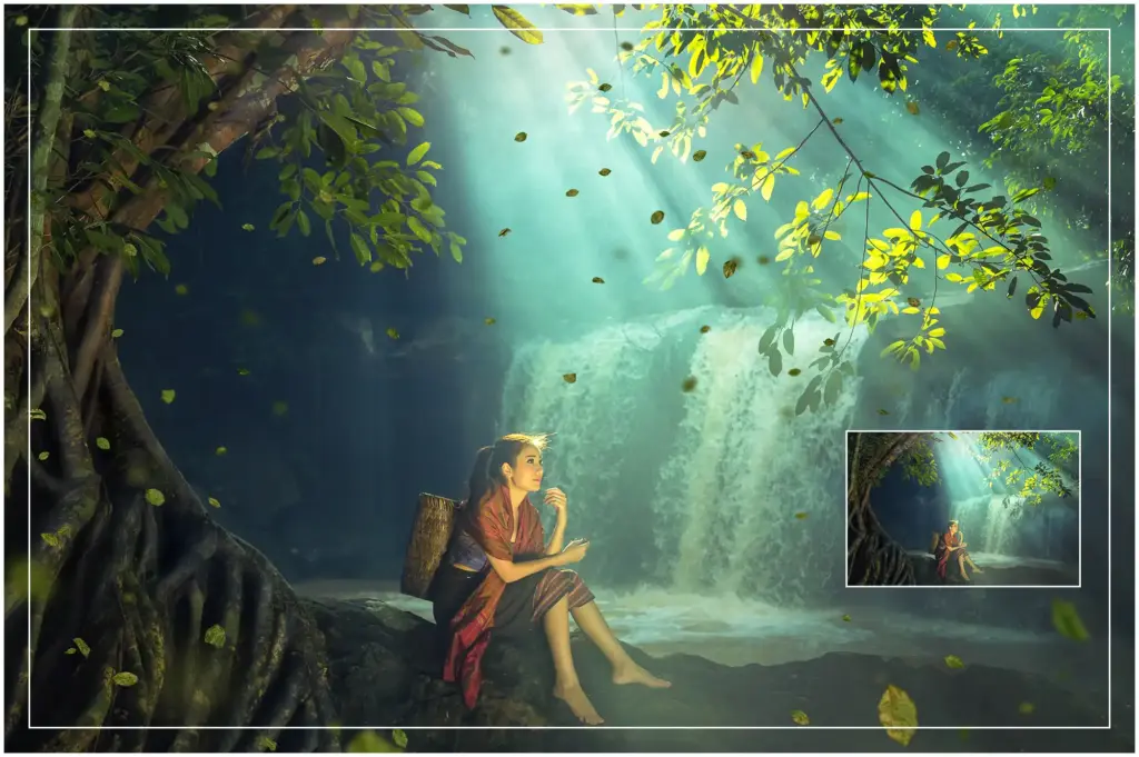 Glitter Green Leaves overlay used on a picture of a girl sitting under a tree in front of a waterfall
