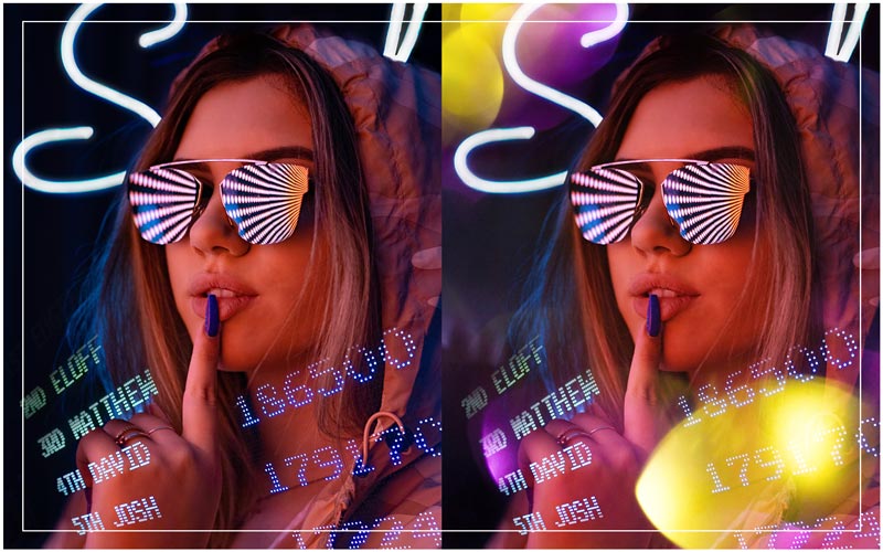 gold magenta bokeh effect on a picture of a blonde haired girl in sunglasses with her finger on her lips