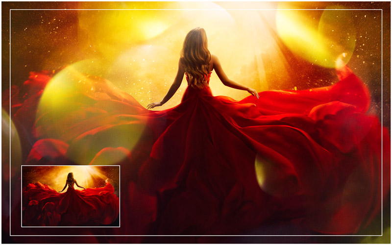 gold red bokeh effect on a picture of a girl dressed in a red ball gown