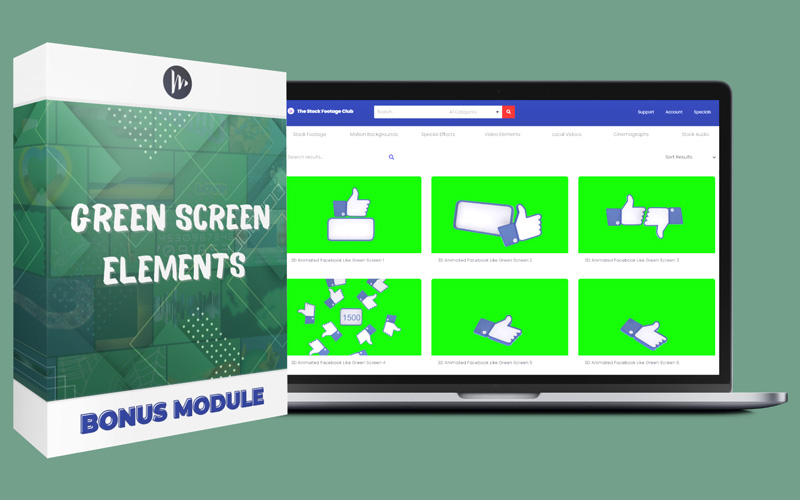 Green Screen Elements preview displaying elements as the like emoticon on a green screen