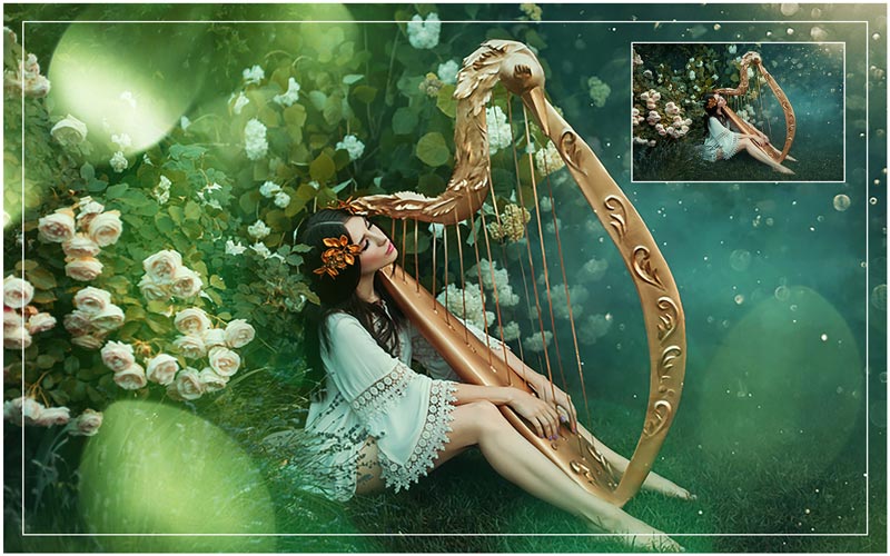 green tones bokeh effect on a picture of a girl sitting in the forest playing a harp