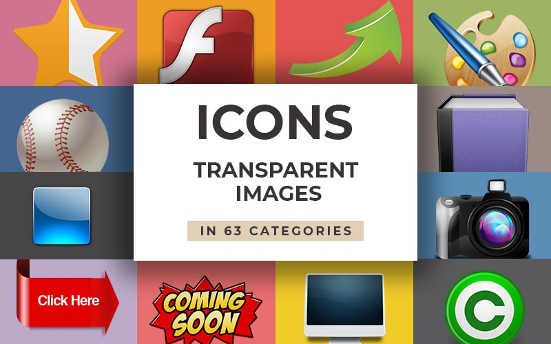 This image is a collage of all the icons that the icons transparent images bundle consists of.