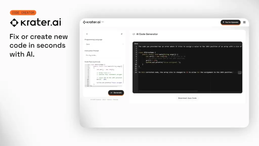 Best AI tools suit's AI Code Generator displaying a java code generated by the bot based on the instructions prompt and the programming language chosen