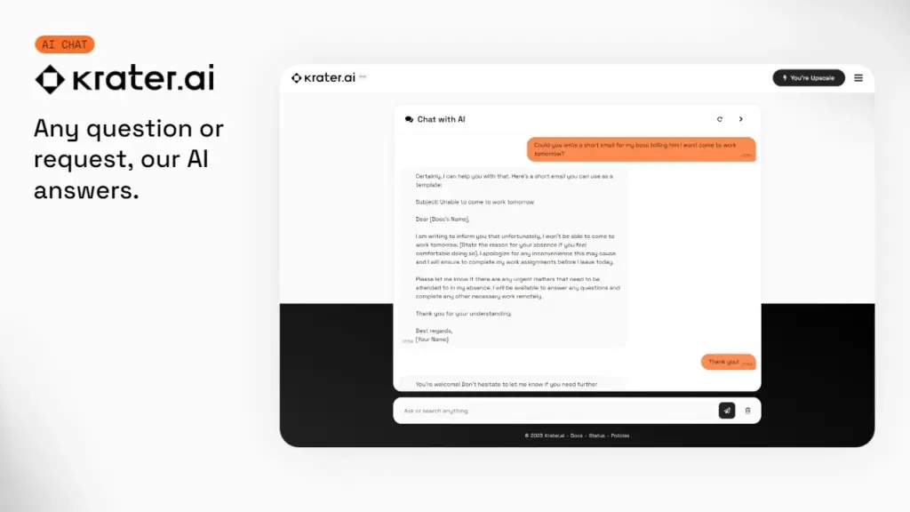 Chat with ai tool displaying ai chat bot screen with a question asked by the user and answered by the bot