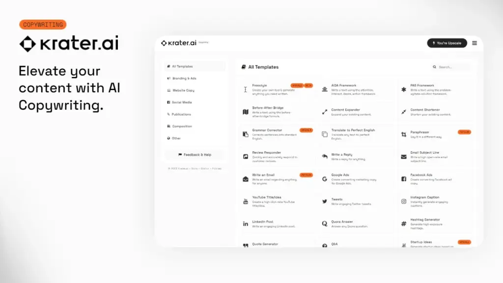 Best AI tools suite's Copy writing tool displaying all the copywriting segments to create content like freestyle, Grammar corrector, translator, email writer, paraphraser and more