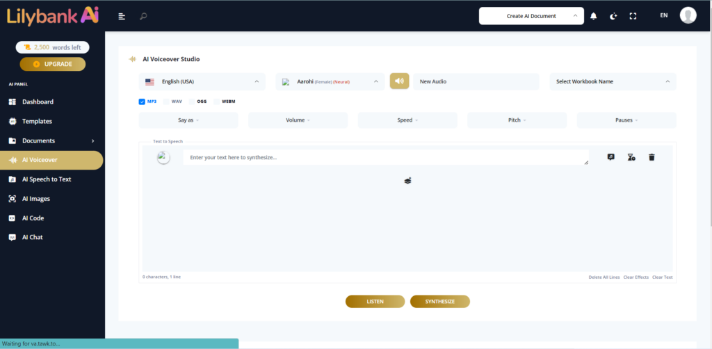 Lilybank AI voice over tool displaying its features with different language options, voice modules, and file formats