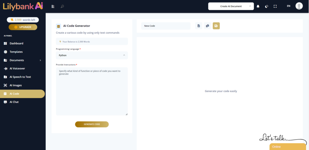 Ai code generator tool displaying code generation fields with different programming language options
