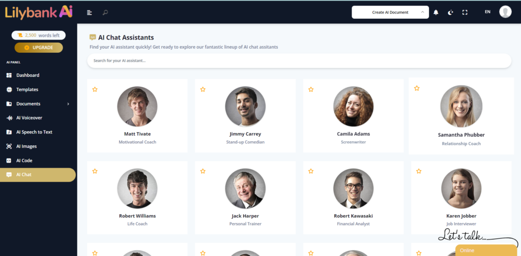 Lilybank Ai chat assistants tool showcasing all the chat assistants provided by the tool