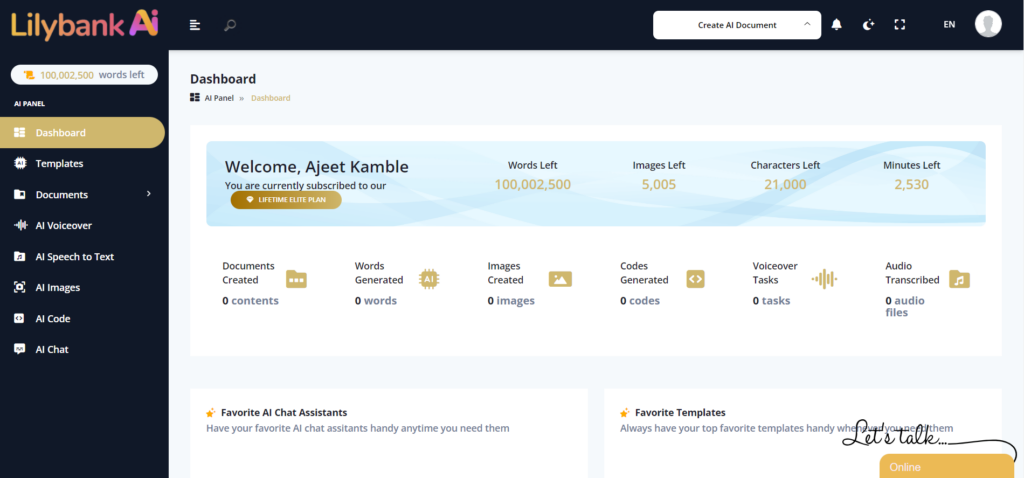 LilyBank AI User Dashboard displaying all the ai tool like Voiceover, image generator, code generator and their creation limit for the users plan