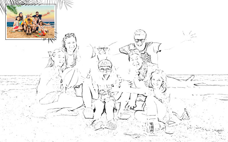 Photograph of a family in a landscape created using Line Art Sketch Photoshop Action