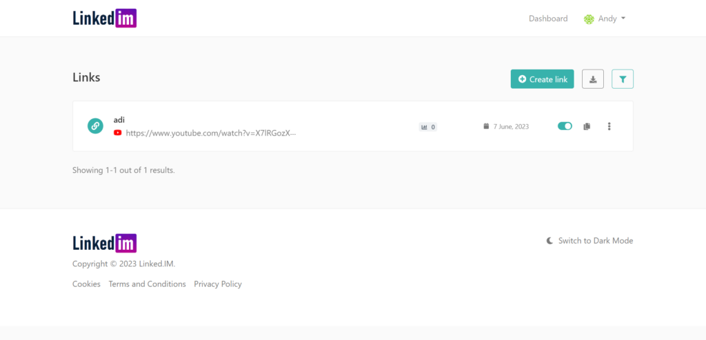 Links Tool Displaying link creation option and created links - link shortener