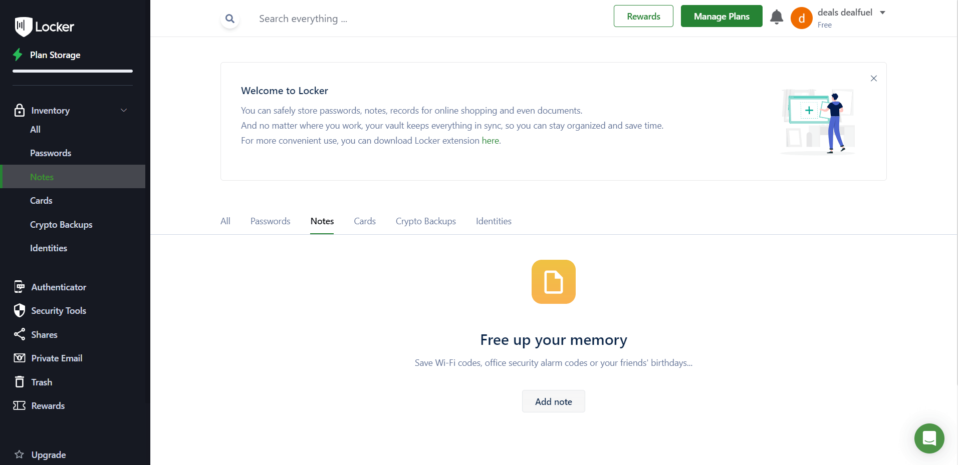 Locker's Notes Tab feature used to save different passwords and dates in text format and