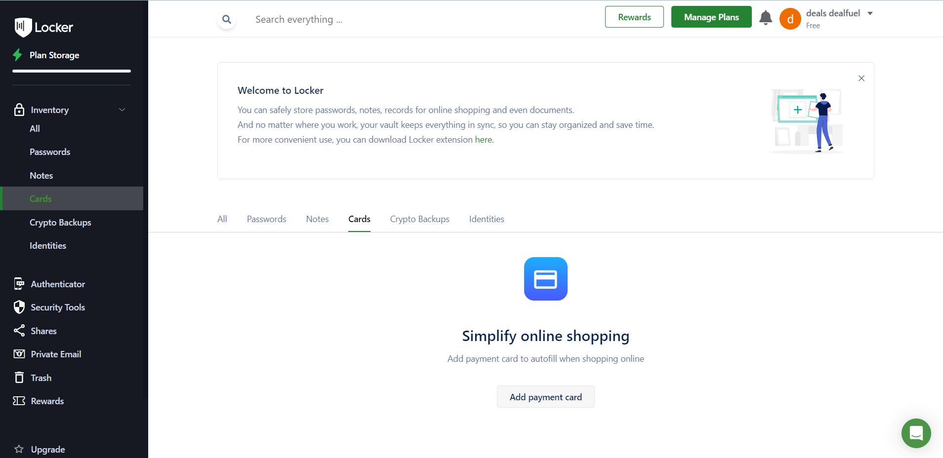 Cards Tab to save payment Cards for auto payments when online shopping, password manager pricing