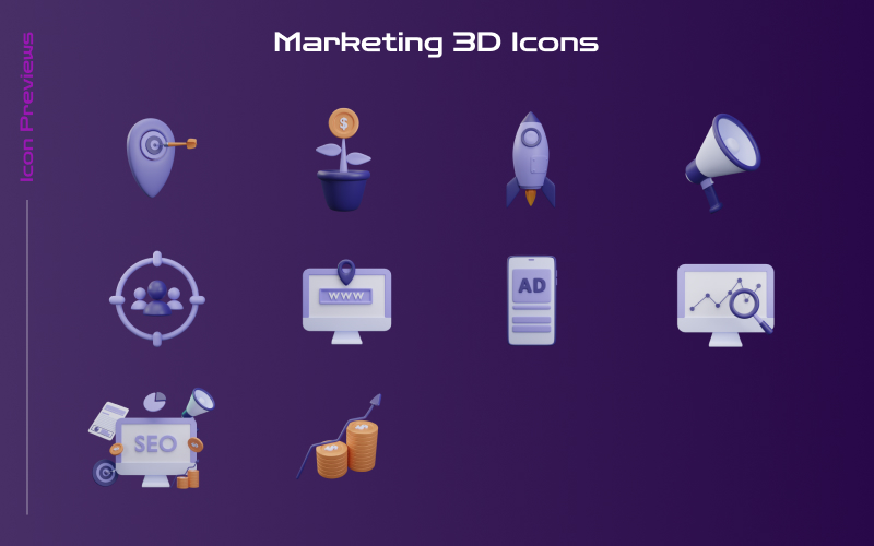 This image is a collage of all the marketing icons in the 3D icons illustrations bundle.