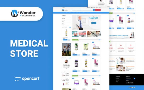 open cart themes displaying a showcasing a webpage based on a drug store theme with drug store products at display on the home page