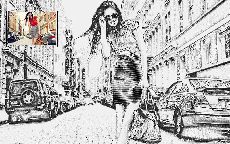 Image showcasing a woman wearing glasses sketched using Modern pencil sketch ps action