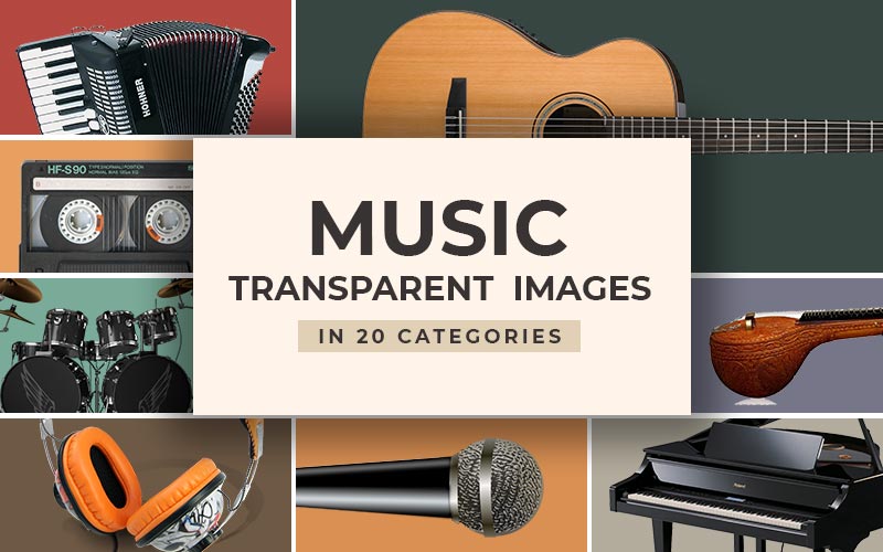 This image is a collage of all the musical instruments that the music transparent images bundle consists of.