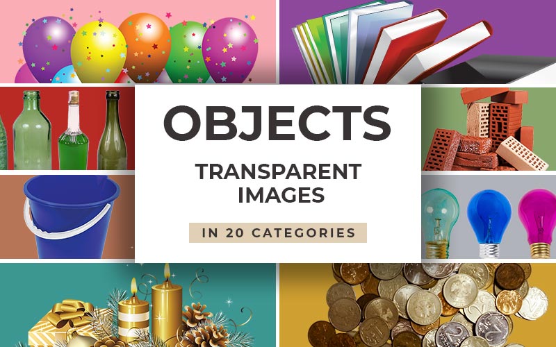 This image is a collage of all the objects that the objects transparent images bundle consists of.
