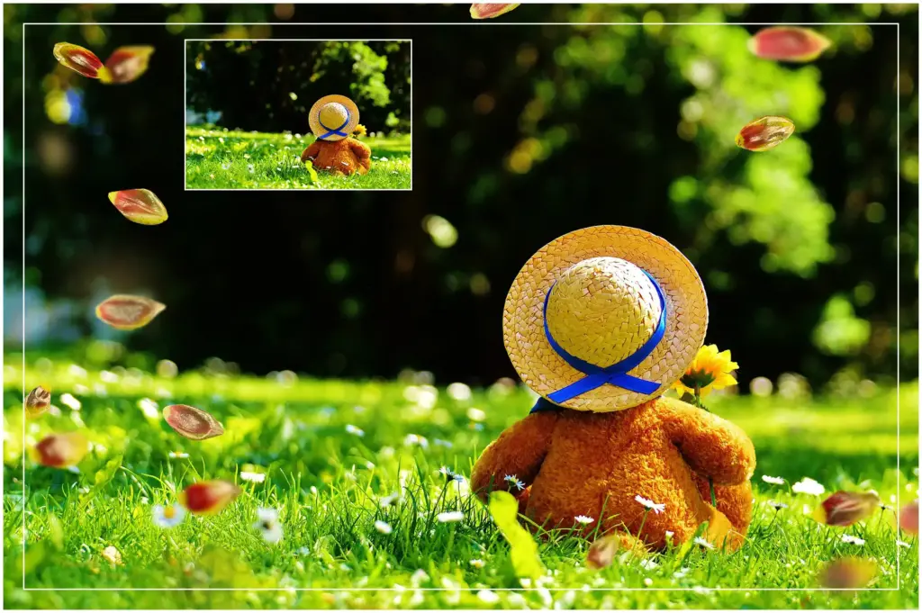 Preview of Orange & Gold Tulips overlay being used on a picture of brown teddy bear placed on a green grassy ground