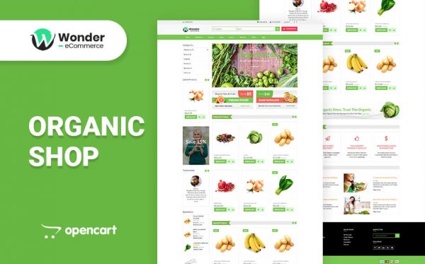 open cart themes displaying a organic shop theme website showcasing fruits and vegetables for sale on the homepage