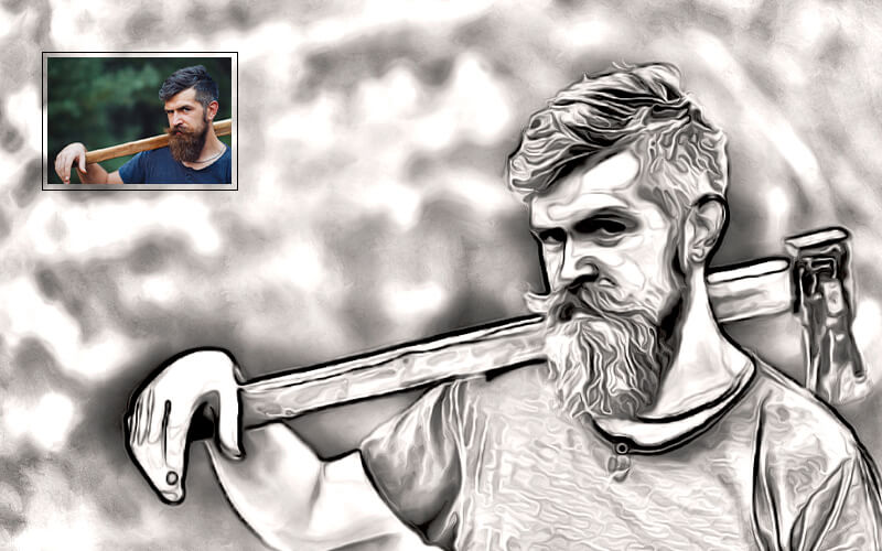 A man with an axe Pencil drawing sketch photoshop action